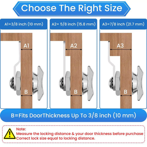 Diagram showing size compatibility for Thumb Operated Offset Cam Lock Five Eighth Inch Keyless Compartment Replacement Lock