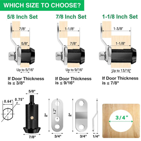 Protect tools, cabinets, and RV compartments with a 2-pack 5/8 inch keyed-alike cam lock set; durable steel, easy installation, secure latching, and two matching keys for reliable, convenient security. Image shows sizing options for cam lock sets in 5/8, 7/8, and 1-1/8 inch with door thickness compatibility guide.