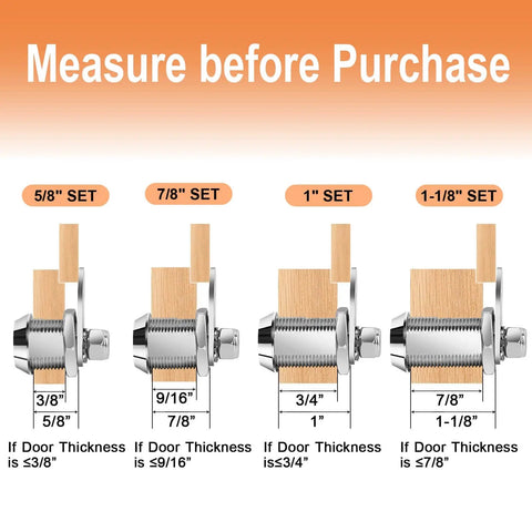 Secure your RV compartments with keyed-alike cam locks, a set of four 1 1/8 Inch cam locks with measurement guide for door thickness.