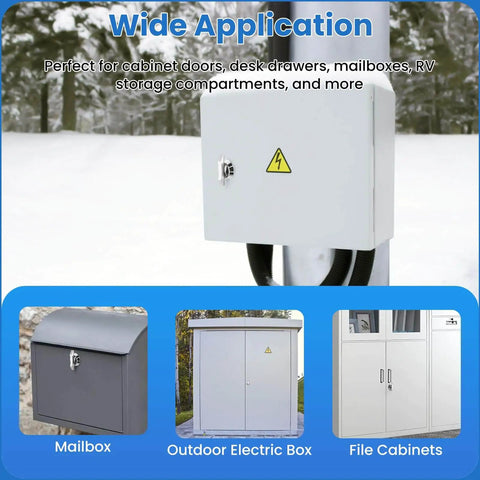 Wide application of thumb operated offset cam lock for mailboxes, RV compartments, and cabinets shown in winter setting.