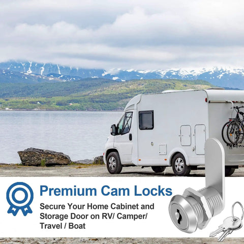 Three Pack Cabinet Locks With Keys One And One Eighth Inch Cam Locks Alike For Cabinets Drawers Doors RV Storage And Mailbox Zinc Alloy Security Lock Set For Tool Boxes And Storage Units displayed with RV in background
