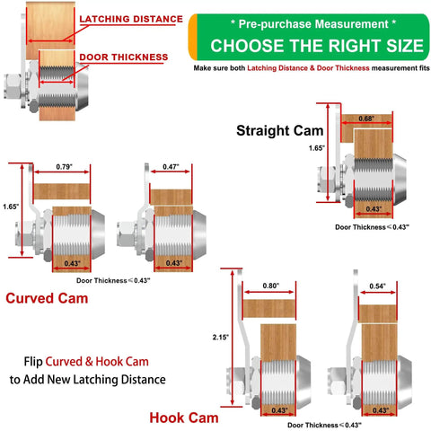 Diagram showing latching distance and door thickness for Two Pack Toolbox Locks With Keys Five Eighths Inch Tubular Cam Locks Keyed Alike Hook Cam Locks For Tool Box Drawer Cabinet Mailbox Zinc Alloy Durable Security.
