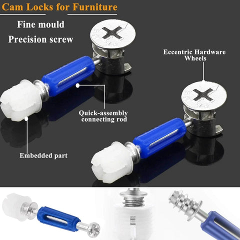 120Pcs Cam Locks Furniture Hardware Kit 3 In 1 Eccentric Connectors Nuts Bolts Dowels For Assembly And Repair shown with components and labels