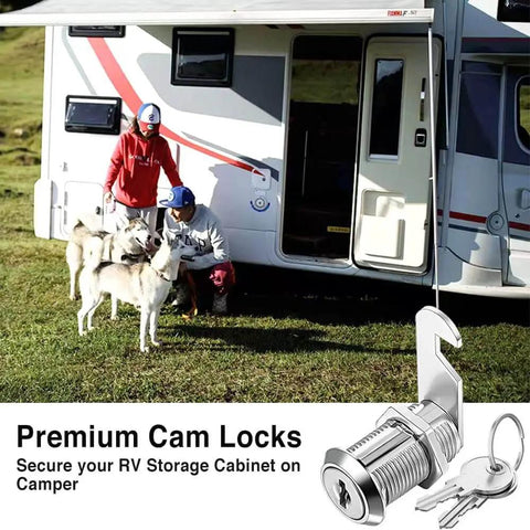 Keyed Alike Cam Lock Set One And One Eighth Inch Fits Cabinets File Drawers Mailboxes RV Storage Zinc Alloy Ten Piece For Doors Up To Seven Eighths Inch Thick Replacement, shown with RV in background.