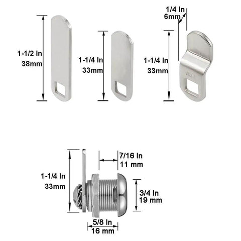 Keyed Alike Five Eighth Inch Cylinder Cam Locks Set for Cabinets Tool Boxes RV Compartments Mailboxes Vending Machines and Drawers Chrome Finish Includes Three Cams and Two Keys Fits Up To Three Eighth Inch Panel Thickness dimensions