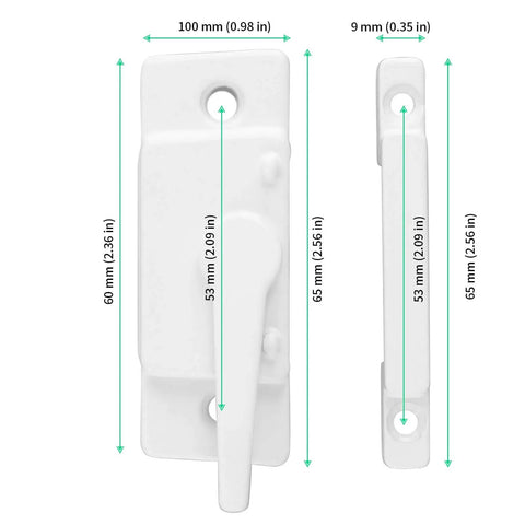 Front and side view of Cam Action Sash Locks 10 Pack With Keeper For Single And Double Hung Vinyl Windows Diecast Latch Lock 2.1 Inch Hole Center Includes Screws For Secure Easy Window Installation.
