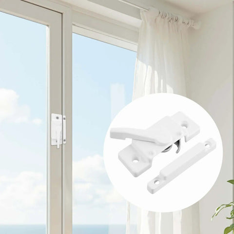 Cam Action Sash Locks 10 Pack With Keeper For Single And Double Hung Vinyl Windows Diecast Latch Lock 2.1 Inch Hole Center Includes Screws For Secure Easy Window Installation shown on window