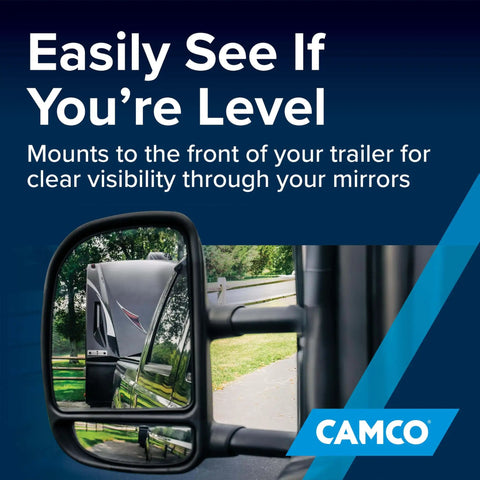 View of trailer mirror showing AccuLevel RV Leveling System With Dual Front To Back And Side To Side Indicators For Easy Install