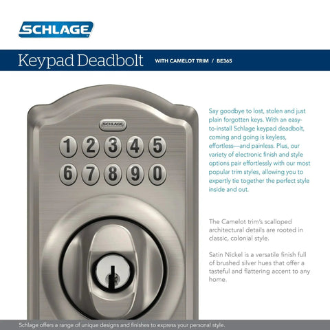 Camelot Keypad Deadbolt With Electronic Keyless Entry Lock Satin Nickel Finish For Front Door Back Door Home Office And Garage Battery Powered Grade Two Security Supports Nineteen Access Codes And Quick Secure Keyless Entry, front view
