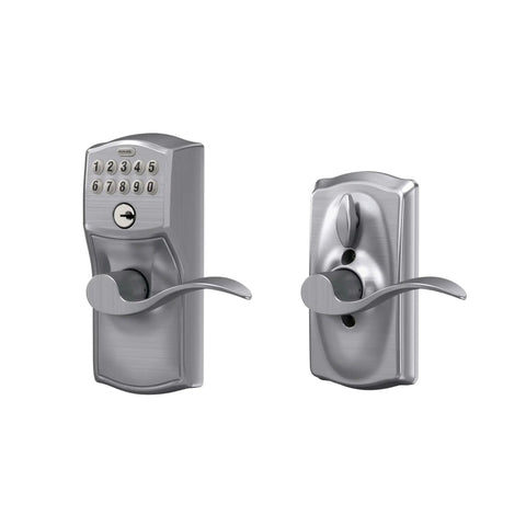 Front and back view of Camelot Keypad Entry Door Lock With Flex Lock And Accent Levers In Brushed Chrome For Keyless Entry