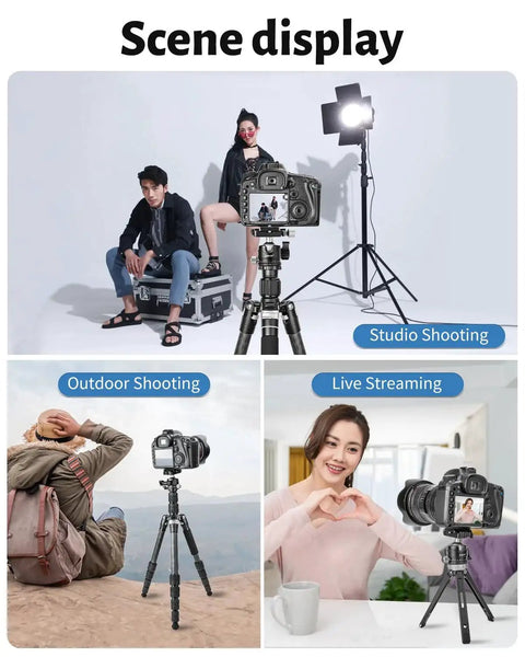 Arca Swiss Quick Release Ball Head in various uses: studio, outdoor, and live streaming setup on tripods.