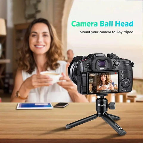 Mini Ball Head With 1/4 Inch And 3/8 Inch Screw Mount For Cameras, camera on tripod with smiling woman in background