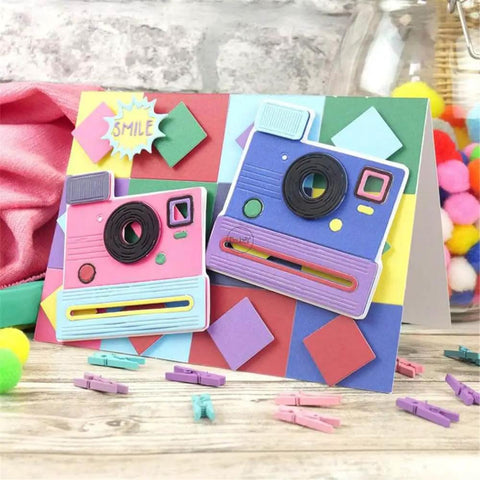 Colorful camera-themed die cuts made with Camera Letters Die Cutting Set For Card Making And Scrapbooking Metal Dies By DzIxY