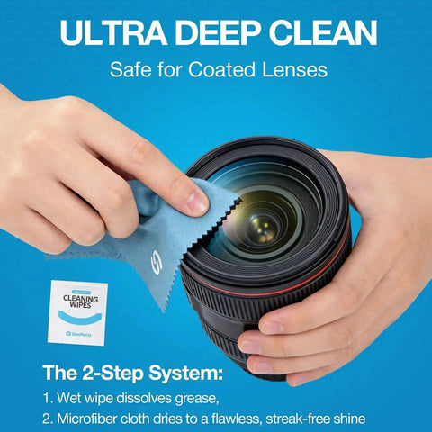 Person cleaning camera lens with Lens Wipes And Microfiber Cloths Value Kit For Eyeglasses And Screens against blue background.