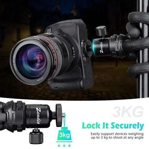 Mini Ball Head With 1/4 Inch And 3/8 Inch Screw Mount For Cameras DSLRs Monopods Sliders And Tripods, supporting 3 kg, in use