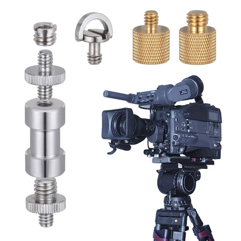 Camera Screw Adapter Kit 19 Pcs Quarter Inch And Three Eighth Inch Converter Set and camcorder on tripod