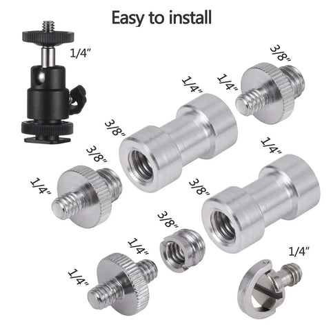 Camera Screw Adapter Kit 19 Pcs Quarter Inch And Three Eighth Inch Converter Set with male and female threaded screws displayed.