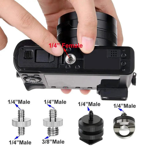 Close-up of camera showing installation of 26 Piece Camera Screws Mount Set One Quarter Inch And Three Eighth Inch Threaded Converter Adapters.