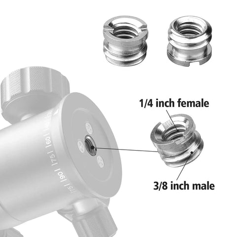 Diagram showing 1/4 inch female to 3/8 inch male adapter from Twenty Two Piece Camera Screw Adapters Kit With Reducer Bushings And Various One Quarter Inch To Three Eighths Inch Connections Including One Quarter Inch To Three Eighths Screws One Quarter Inch To One Quarter Inch Screws And Hot Shoe Mounts For Tripods.