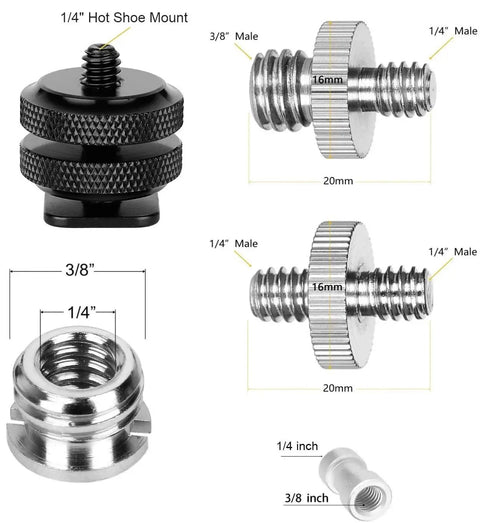 Various screws and hot shoe mount from the Twenty Two Piece Camera Screw Adapters Kit With Reducer Bushings And Various One Quarter Inch To Three Eighths Inch Connections Including One Quarter Inch To Three Eighths Screws One Quarter Inch To One Quarter Inch Screws And Hot Shoe Mounts For Tripods, showcasing different sizes and threads.
