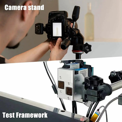 Photographer adjusts camera on stand; test framework setup for equipment testing in studio environment.