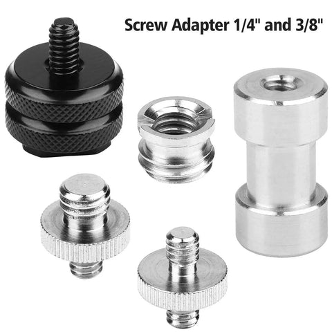 Close-up of Twenty Two Piece Camera Screw Adapters Kit With Reducer Bushings And Various One Quarter Inch To Three Eighths Inch Connections.