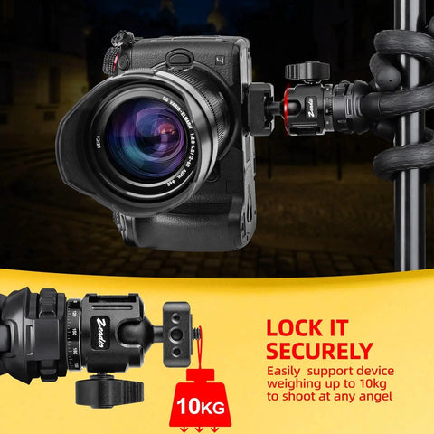 Professional Ball Head Mount With 360 Degree Rotation attached to camera, supporting up to 10kg, on tripod setup at night.