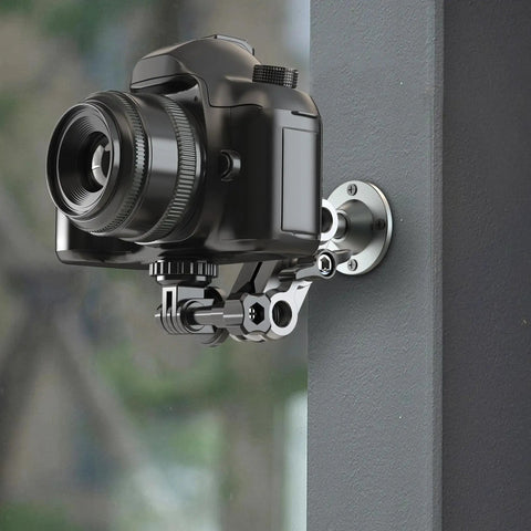 Universal Wall Mount Bracket With Adjustable Metal Arm For Action Cameras And Smartphones attached with camera on wall