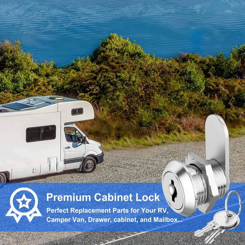 Three-pack keyed-alike cabinet cam locks in 5/8 inch next to RV, featuring zinc alloy and keys, for cabinets and storage.