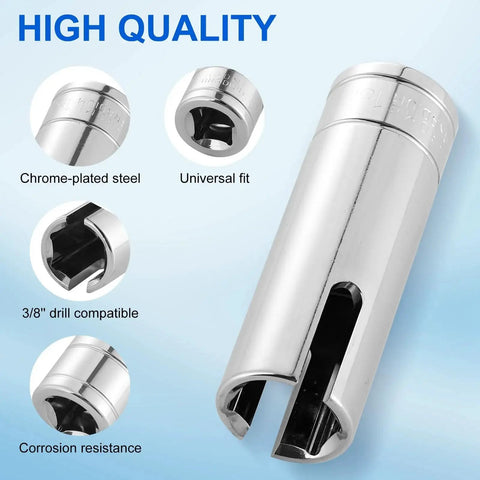Camper Crank Handle Kit With Three Eighths Socket Drill Bit for Pop Up Trailers close-up, chrome-plated steel details