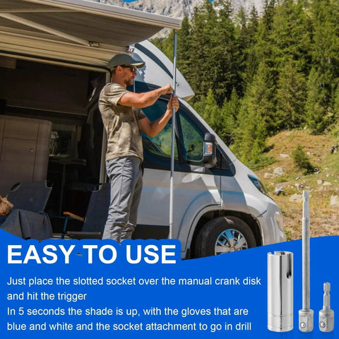Man using Camper Crank Handle Kit With Three Eighths Socket Drill Bit For Pop Up Trailers Compatible With Coleman Fleetwood And Other Models