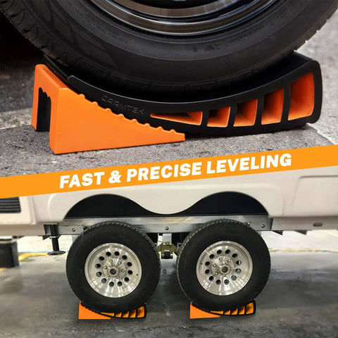 Camper Leveler 2 Pack Kit With Curved RV Levelers And Trailer Wheel Chocks For Dual Axle Trailers, Faster RV Leveling System