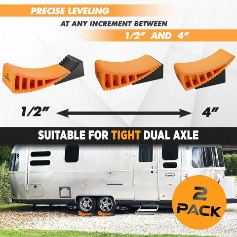 Camper Leveler 2 Pack Kit With Curved RV Levelers And Wheel Chocks For Tight Dual Axle Trailers Faster RV Leveling