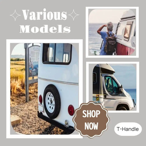 Keep your camper shell secure with rugged, keyed T-handle locks shown on various camper models in outdoor settings.