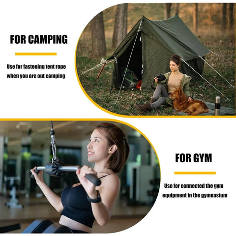 Woman using 30 Pcs Heavy Duty 3 Inch Spring Snap Hook M8 Five Sixteenth Inch Galvanized Steel Carabiner for camping tent and gym equipment