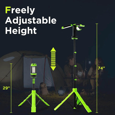 2700 Lumen Camping Emergency Light With 12000mAh Built In Power Bank, Telescopic Tripod Stand, shown at adjustable height