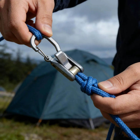Person using a metal carabiner clasp and blue rope near a camping tent setup outdoors, showcasing tent assembly or camping gear usage.