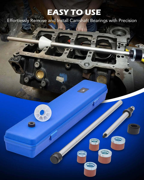 Cam Bearing Removal and Installation Tool Set with case, rods, adapters, fitting most domestic and import vehicles.