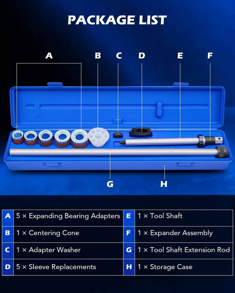 Cam Bearing Removal and Installation Tool Set with adapters and tool components in open blue storage case