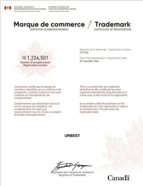 URBEST trademark certificate from Canada displaying registration number and details in English and French