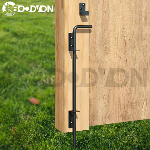 18 Inch Cane Bolt Gate Drop Rod Heavy Duty Gate Hardware on wooden gate, black finish, installed view