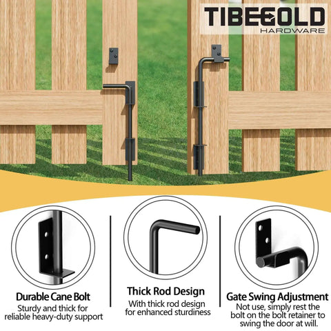 12 Inch Heavy Duty Cane Bolt Gate Drop Rod For Wood, PVC, Vinyl, And Metal Fences And Gates, shown on wood fence with features highlighted.