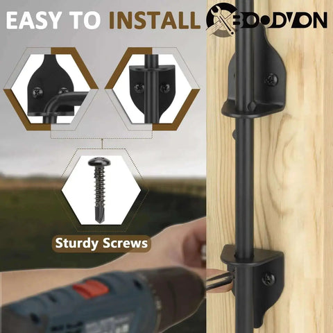 12 Inch Cane Bolt Gate Drop Rod Heavy Duty Gate Hardware installed on wooden fence, black wrought iron finish, easy to install with screws