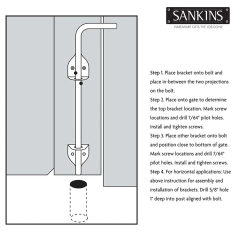 Installation guide for Beefed Up 12 Inch Cane Bolt Drop Rod Gate Hardware Heavy Duty Black Solid Steel Ground Latch for outdoor gates.