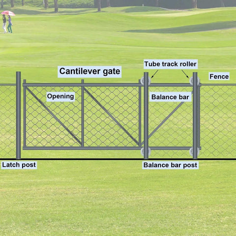 Cantilever gate with labeled parts including tube track roller, balance bar, and latch post with a 2 Pack 5 Inch Sliding Gate Rollers Galvanized Steel Pipe Track Gate Hardware Kit for One And Five Eighths Inch Pipe Track Fence.