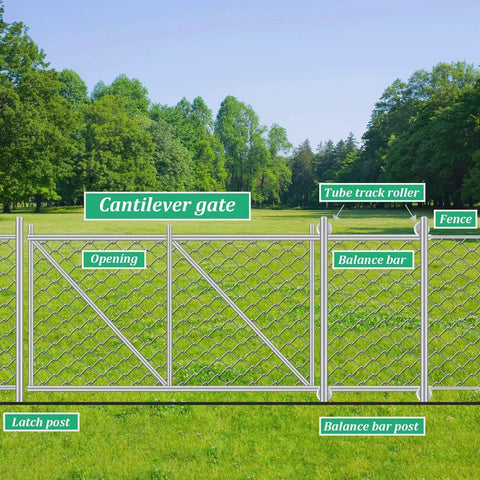 Cantilever gate with fence, tube track roller, balance bar, latch post, and opening in outdoor setting