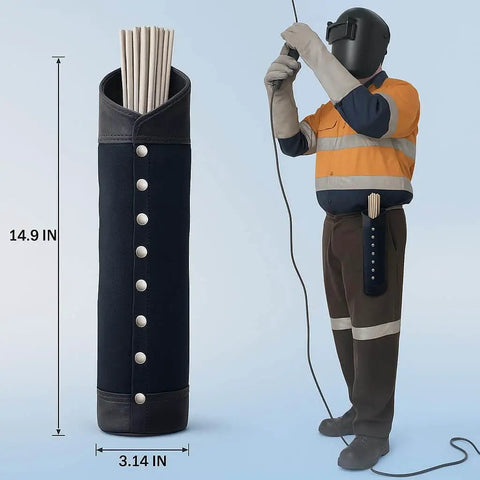 Durable Canvas And Leather Welding Rod Bag For Electrode Storage And Welding Tools shown on worker's belt with size dimensions.