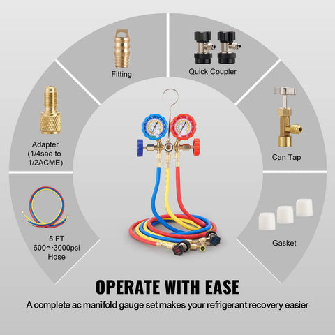 VEVOR 3-Way AC manifold gauge set with color-coded 5 ft hoses and dual gauges, includes can tap and fittings