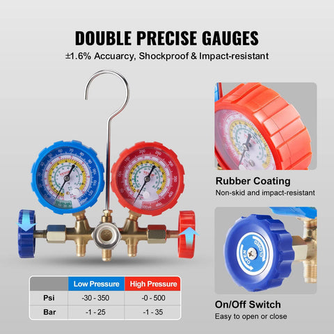 VEVOR AC gauge set with 3-way manifold, blue and red gauges, 5 ft hoses and can tap for automotive refrigerant charging