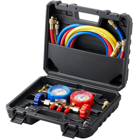 VEVOR AC gauge set in hard case; 3-way manifold with blue and red dial gauges and 5 ft hoses (yellow/blue/red), can tap